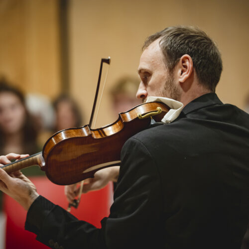 Violinist in black performs before a blurred audience, bow raised and instrument gleaming under warm concert lighting.